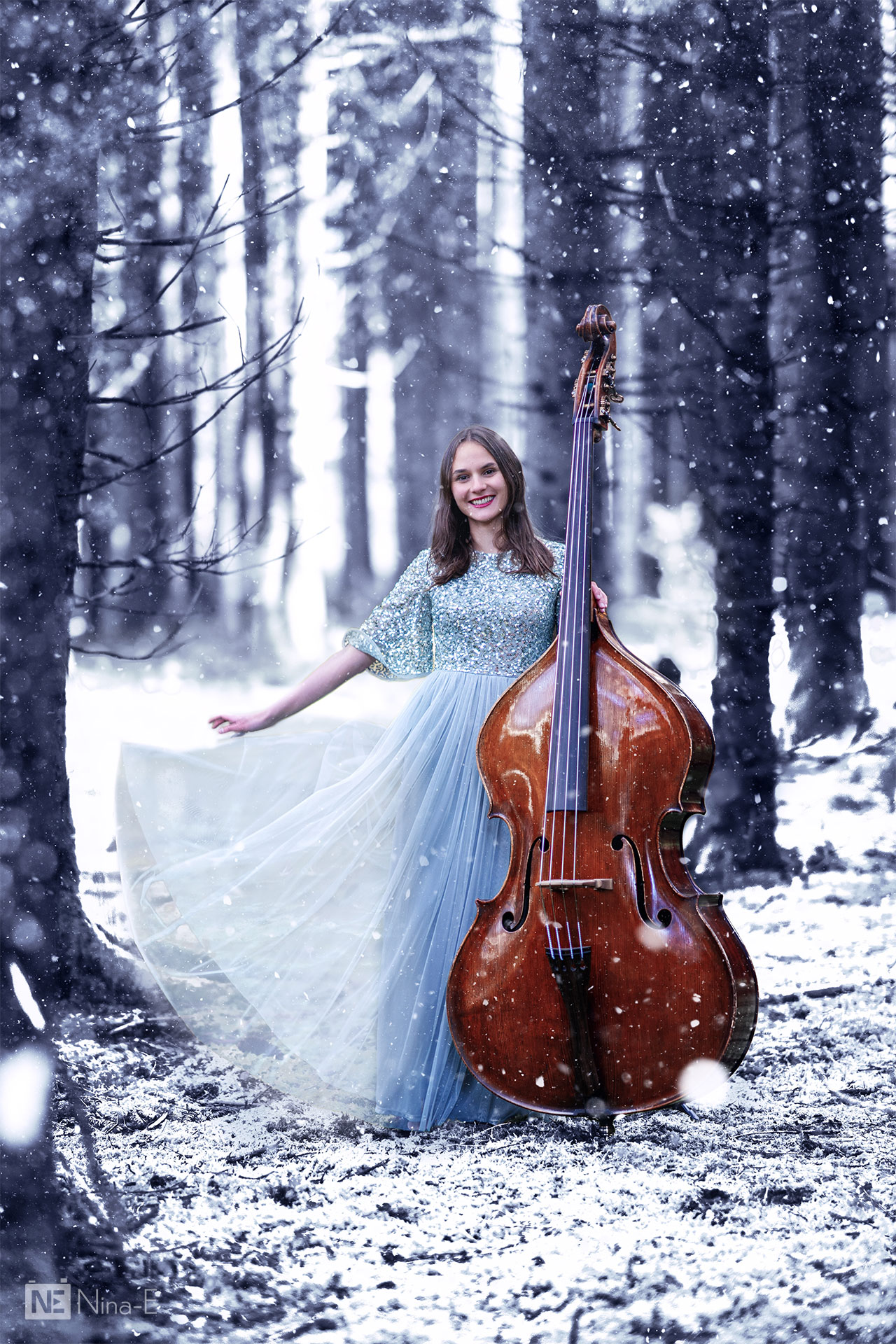 Portrait in Winterlandschaft mit Kontrabass